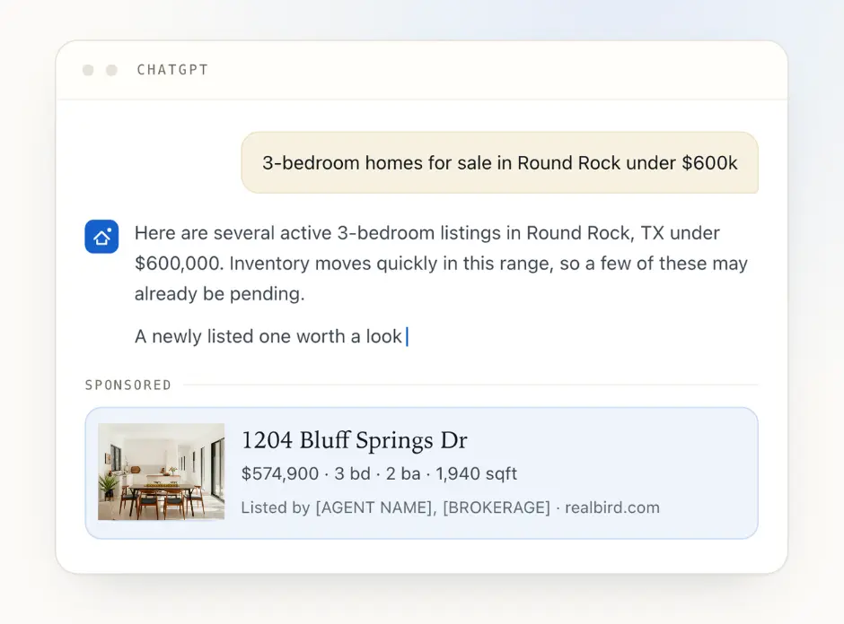 Example of a RealBird real estate listing ad displayed in ChatGPT